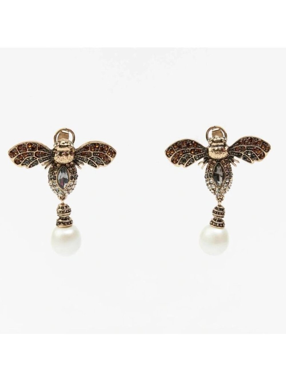 Zara Bee Dangle Earrings Faux Pearl Rhinestone Gold Tone Insect NWT